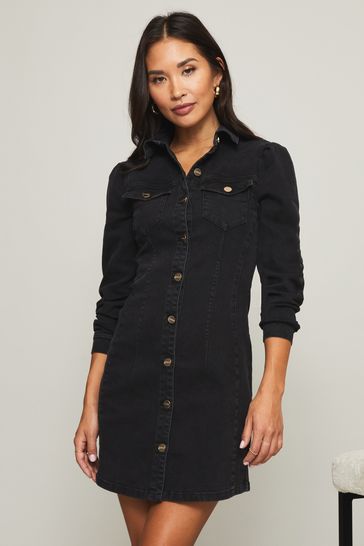 Black Puff Sleeve Seamed Denim Dress