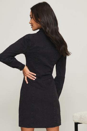 Black Puff Sleeve Seamed Denim Dress