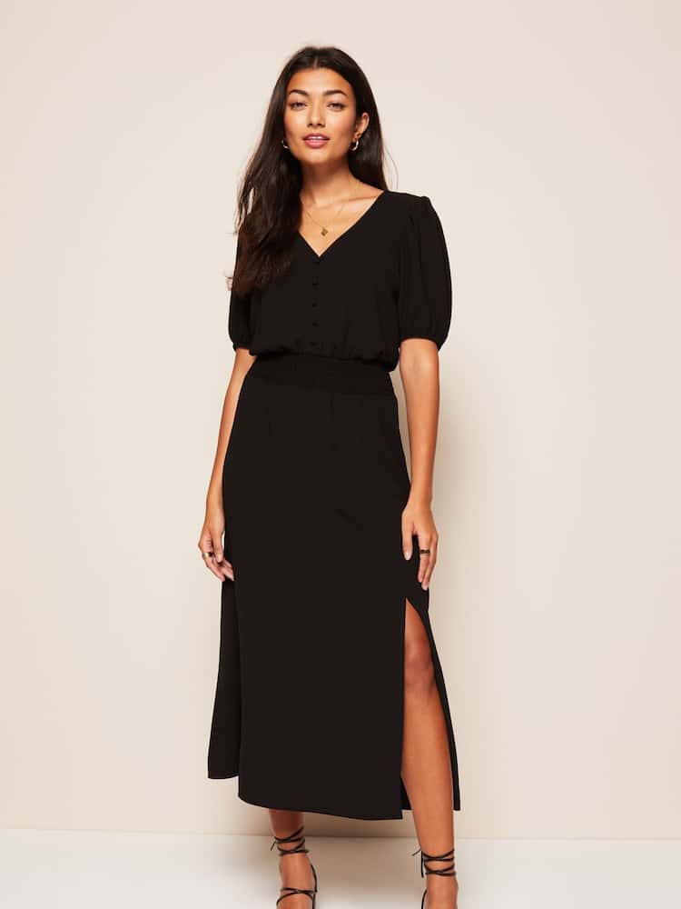 Black Puff Sleeve Ruched Waist V Neck Dress