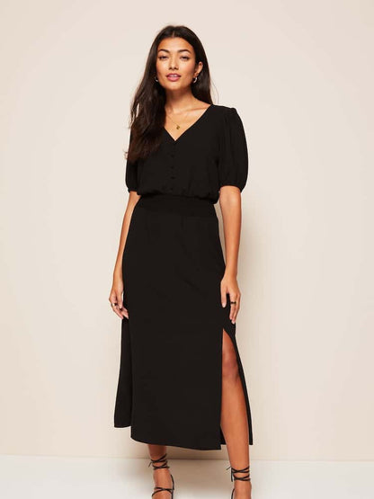 Black Puff Sleeve Ruched Waist V Neck Dress