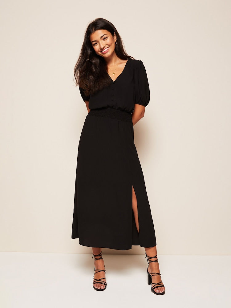 Black Puff Sleeve Ruched Waist V Neck Dress