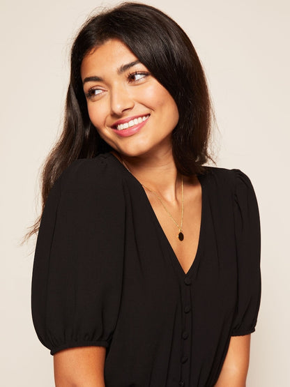 Black Puff Sleeve Ruched Waist V Neck Dress