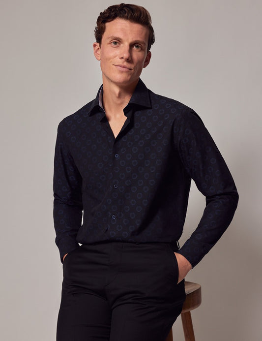 Black And Blue Dobby Spot Slim Fit Shirt