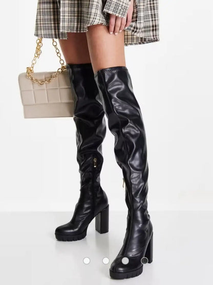 Black PU Knee High Block Heel Boots
