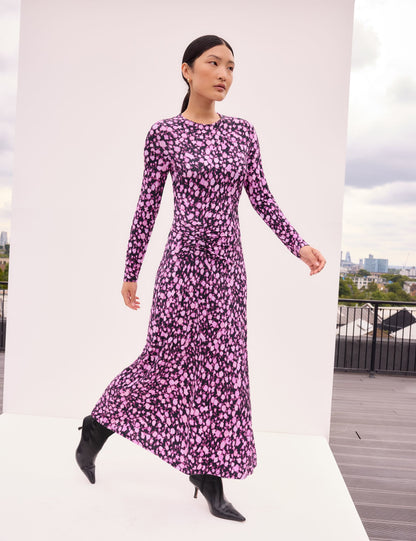 Printed Ruched Waist Maxi Column Dress