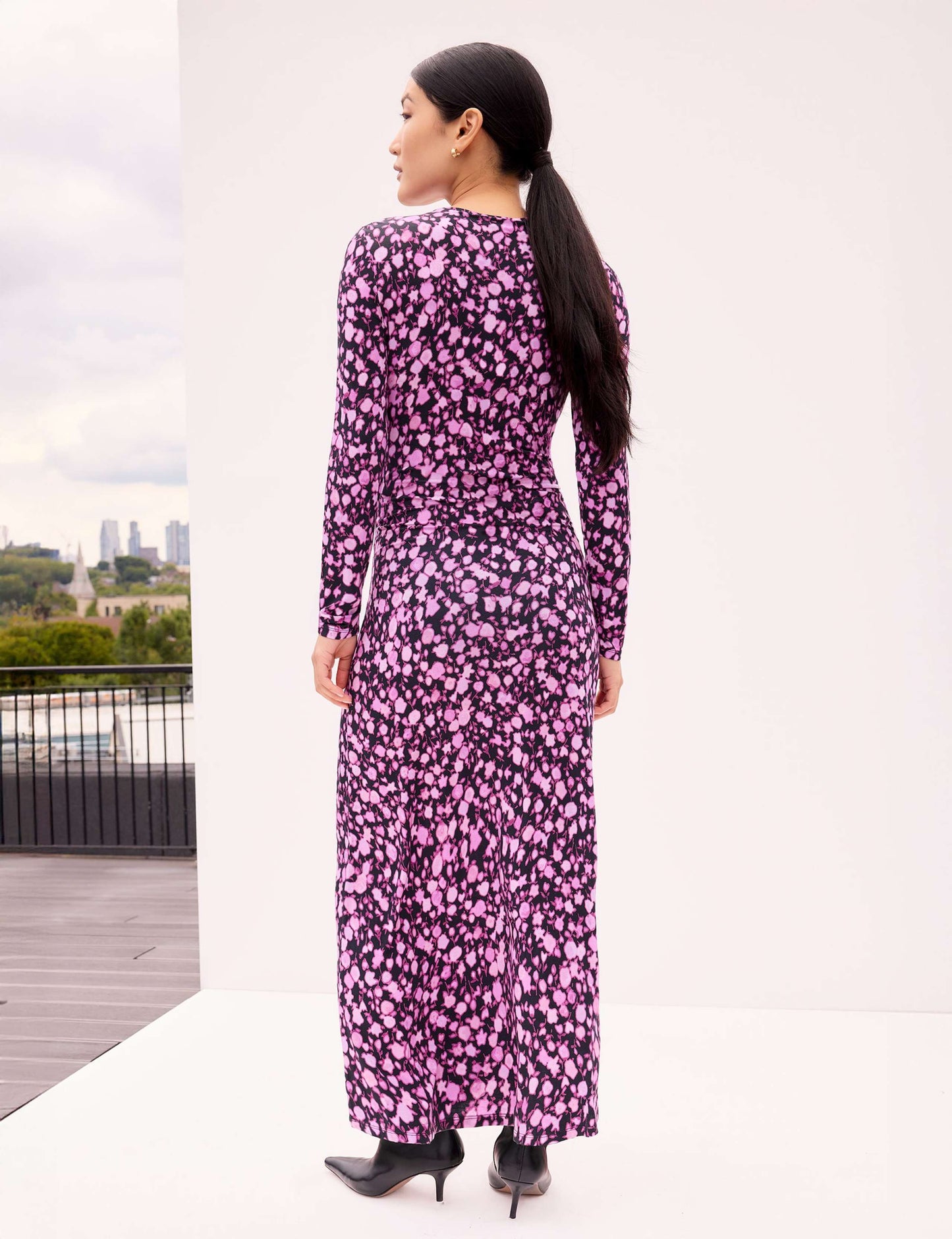 Printed Ruched Waist Maxi Column Dress