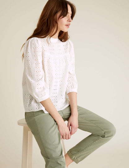 Pure Cotton Broderie Short Sleeve Blouse