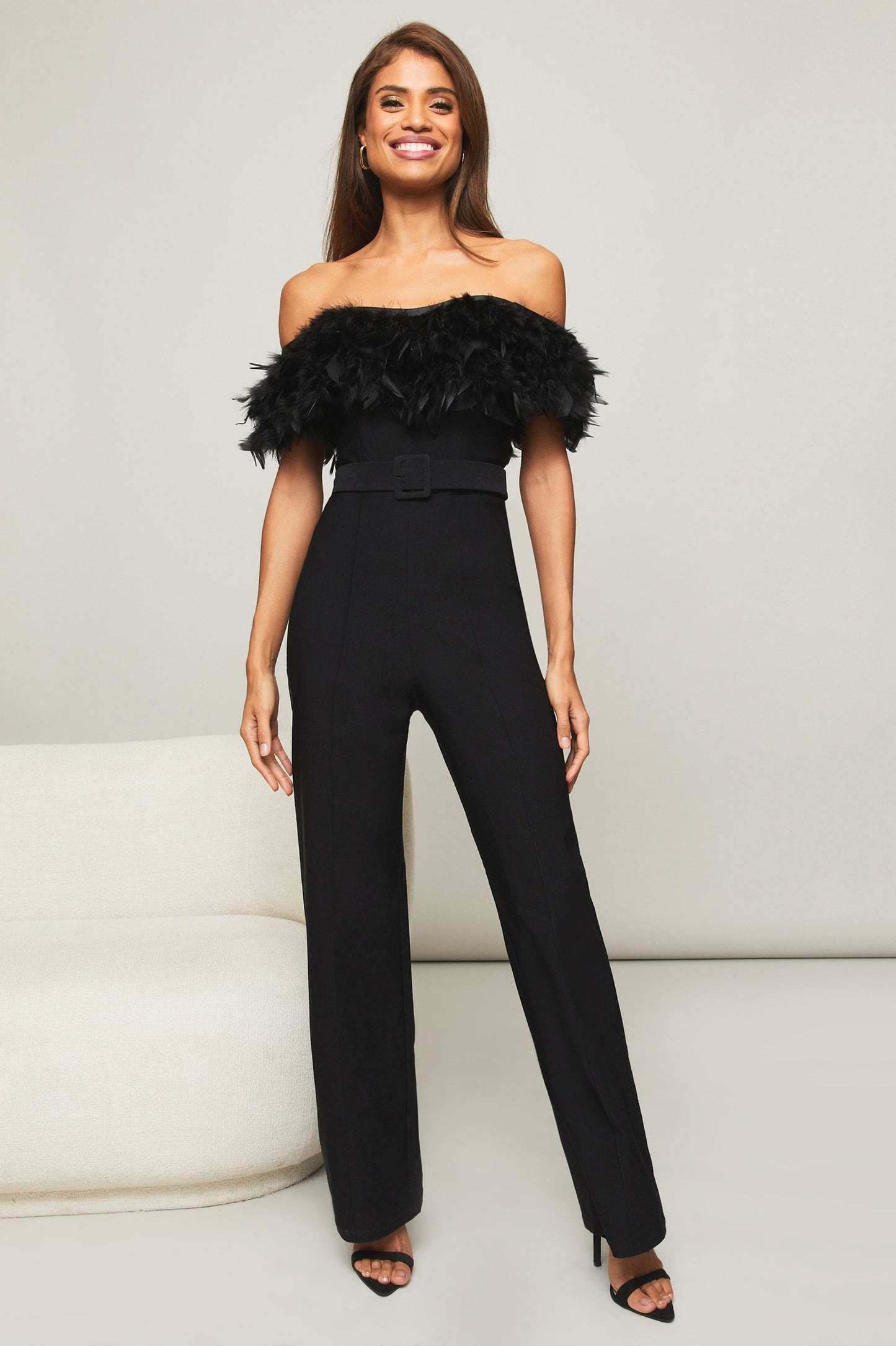 Premium Feather Wide Leg Belted Jumpsuit Black