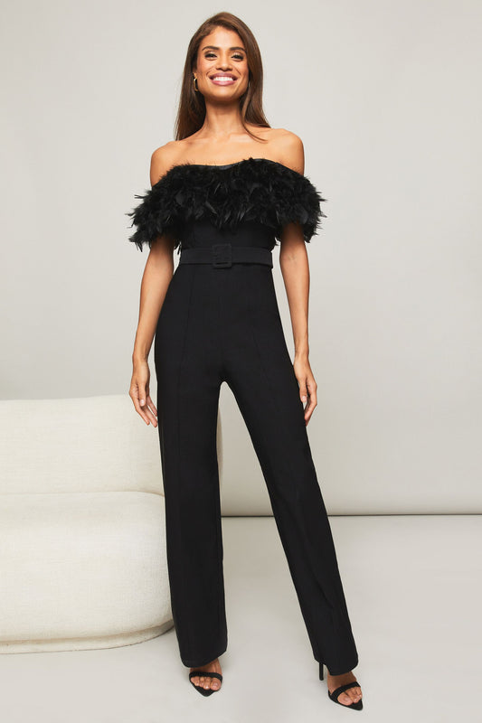 Premium Feather Wide Leg Belted Jumpsuit Black
