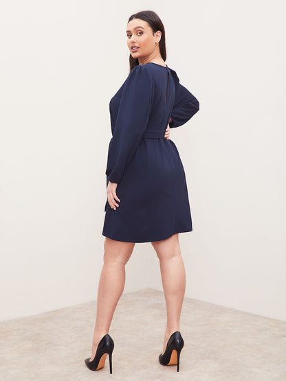 Navy Curve Long Sleeve Round Neck Tie Waist Shift Dress
