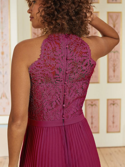 Burgundy Red Pleated Lace Insert Maxi Dress