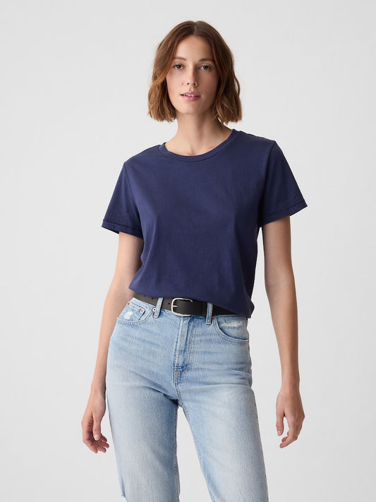 Navy Blue Crew Neck Vintage Short Sleeve T-Shirt