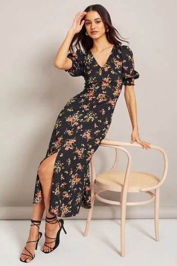 Ditsy Floral Angel Sleeve Midi Dress