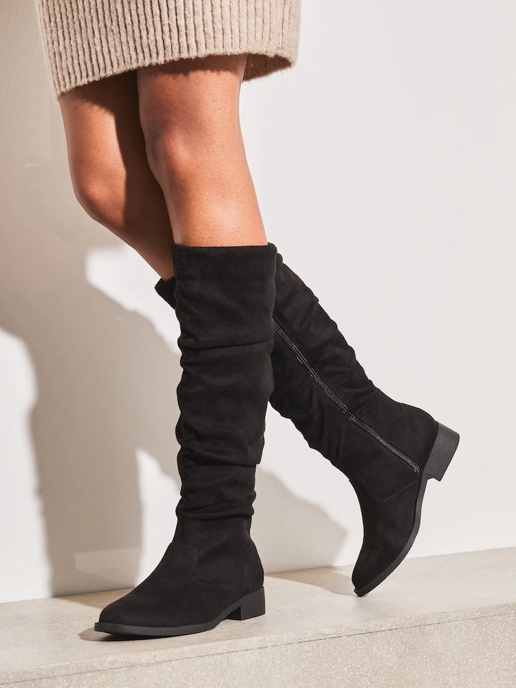 Black Regular Fit Suedette Ruched Knee High Boot