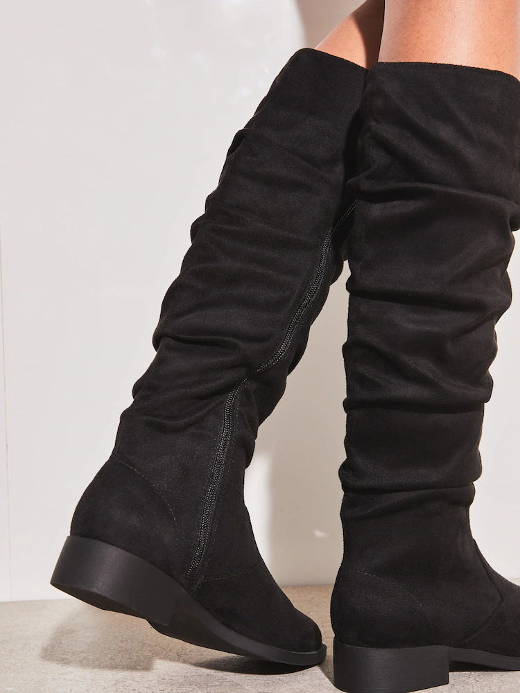 Black Regular Fit Suedette Ruched Knee High Boot