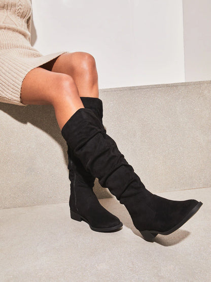 Black Regular Fit Suedette Ruched Knee High Boot