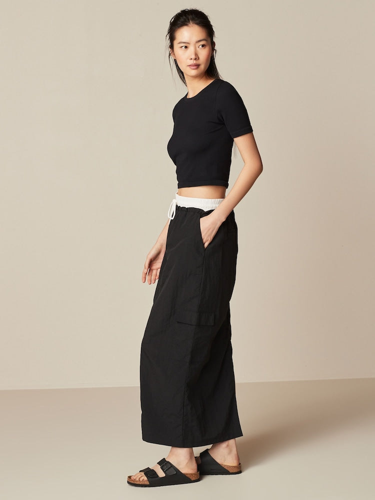 Black Contrast Waistband Nylon Midi Skirt