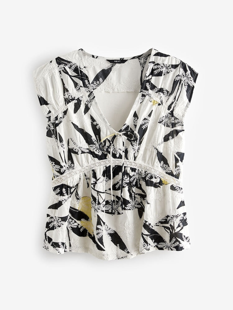 Ecru Print Broderie V - Neck Lace Top