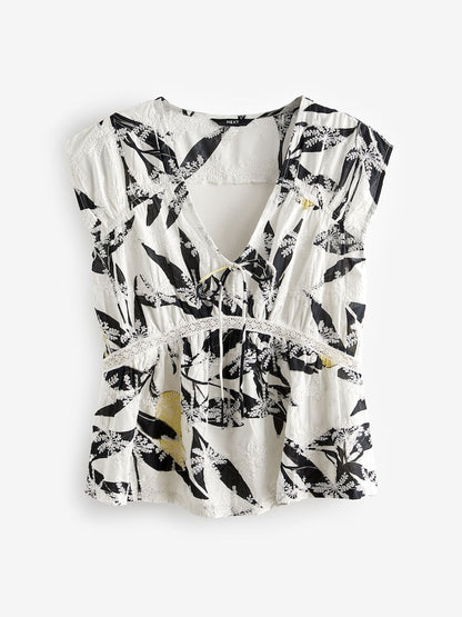 Ecru Print Broderie V - Neck Lace Top