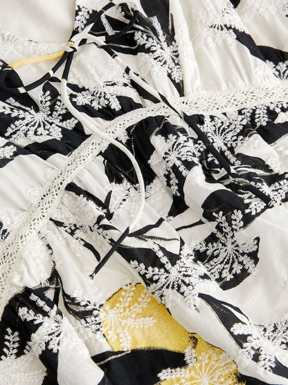 Ecru Print Broderie V - Neck Lace Top