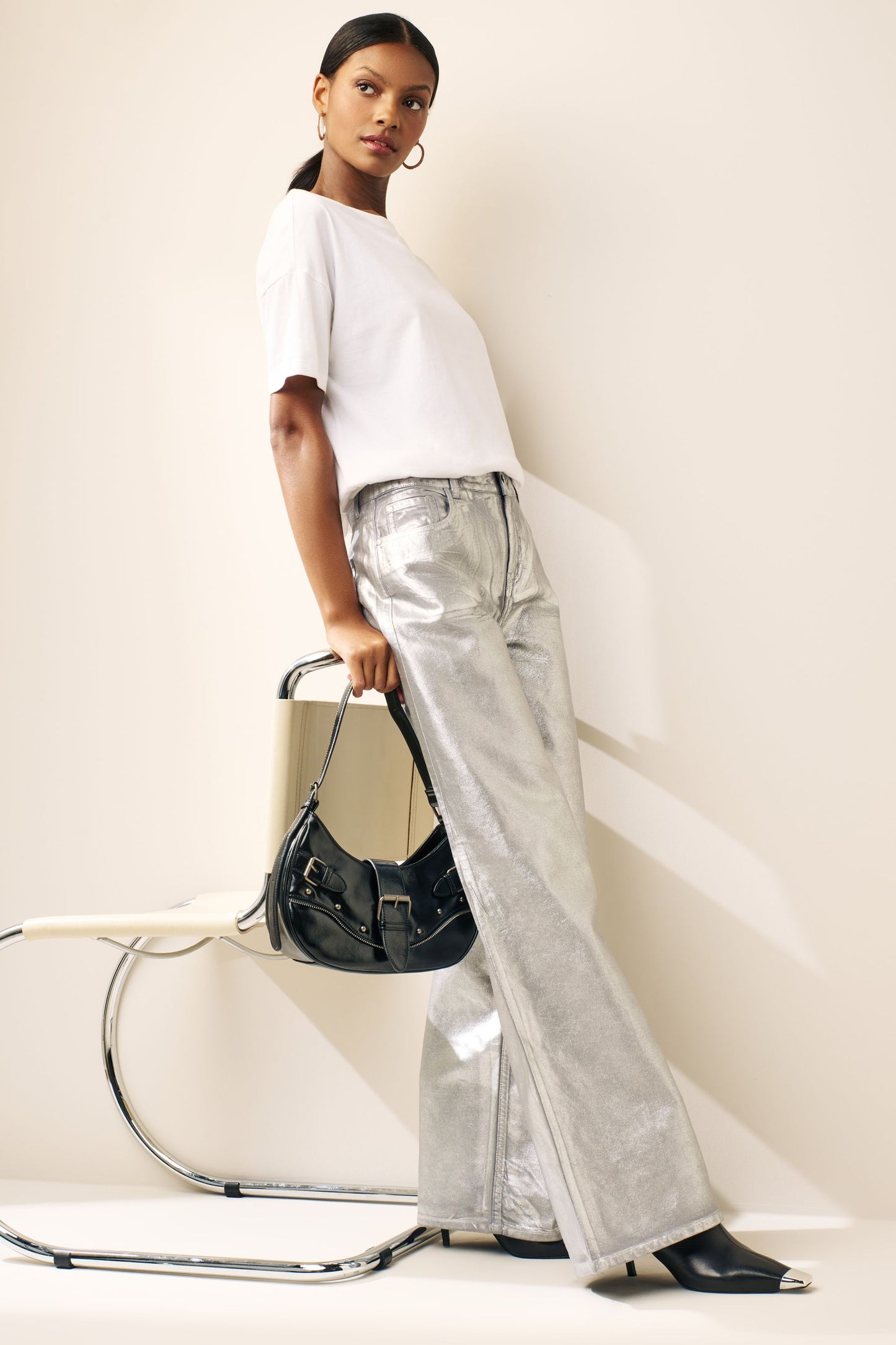 Silver Metallic Wide Leg Jeans