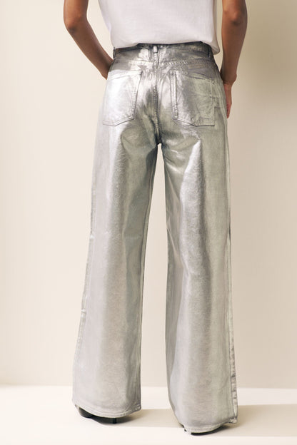 Silver Metallic Wide Leg Jeans