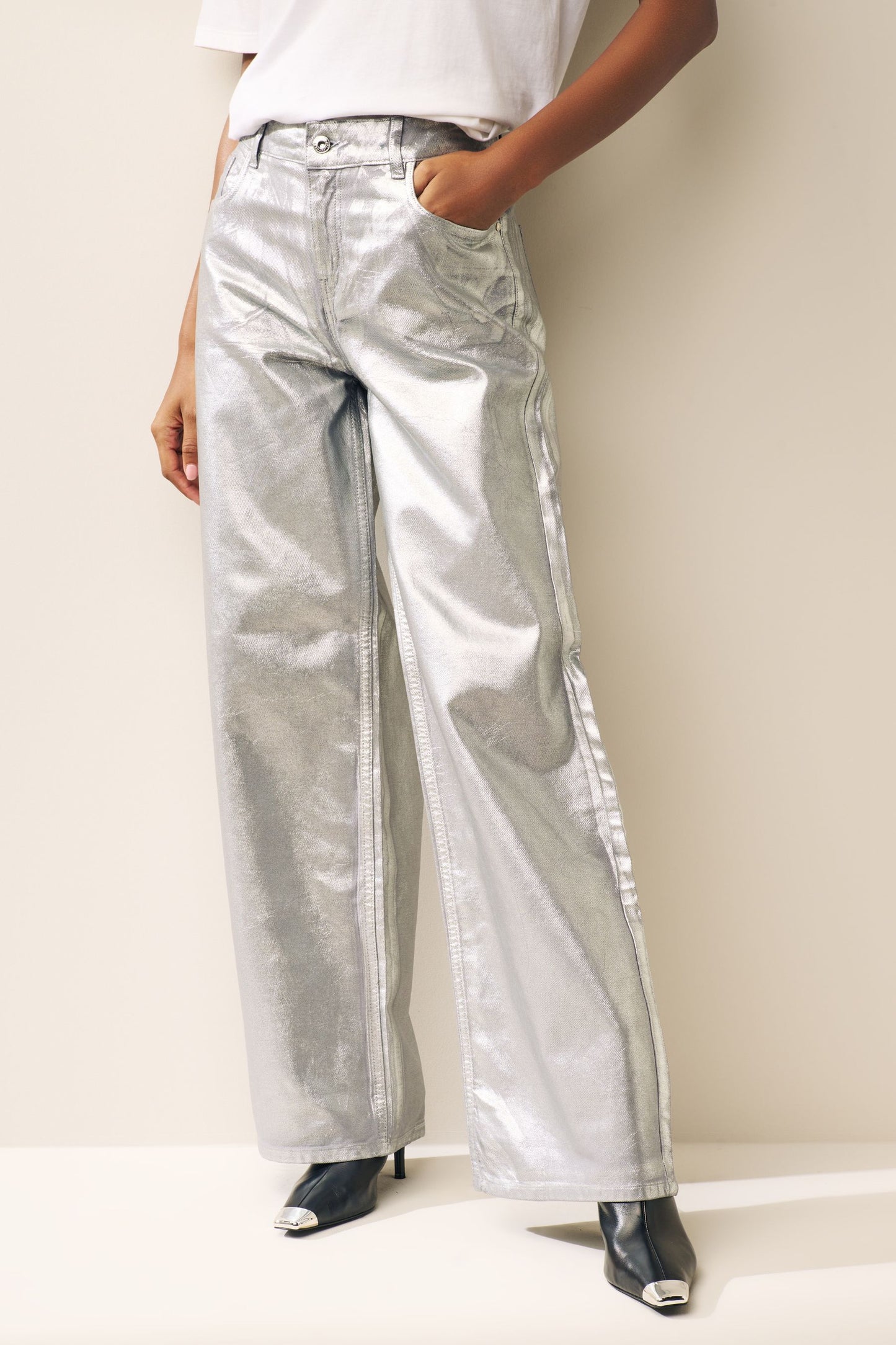 Silver Metallic Wide Leg Jeans