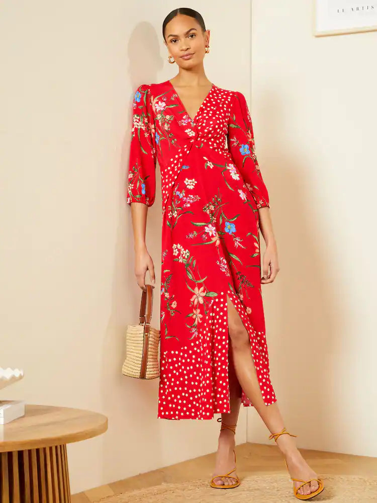 Love & Roses Red Patched Floral V Neck Twist Front Long Sleeve Midi Dress