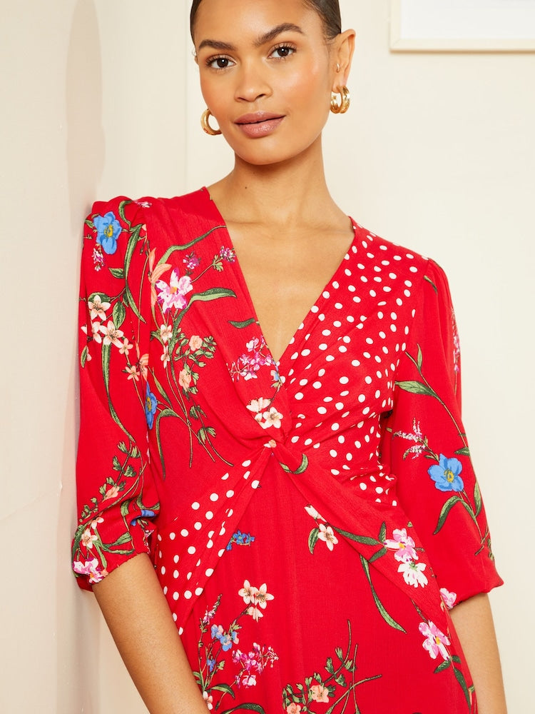 Love & Roses Red Patched Floral V Neck Twist Front Long Sleeve Midi Dress