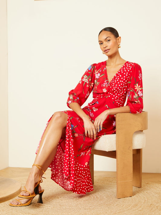 Love & Roses Red Patched Floral V Neck Twist Front Long Sleeve Midi Dress