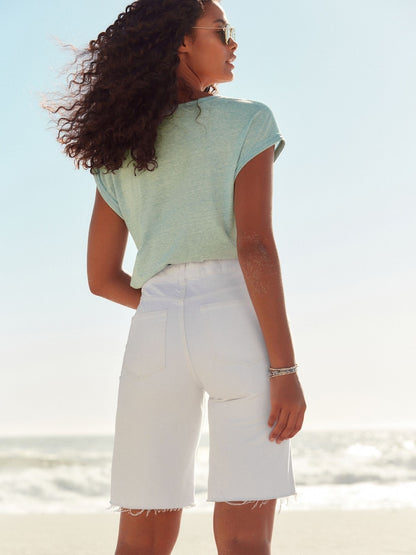 White Ripped Denim Bermuda Shorts