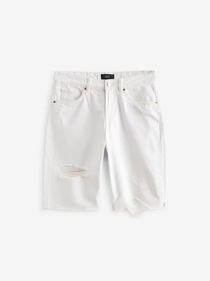White Ripped Denim Bermuda Shorts