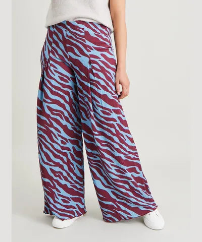 Teal Zebra Print Crinkle Wide Leg Trousers