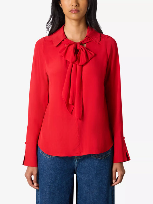 Tie-neck V-neck woven top Red