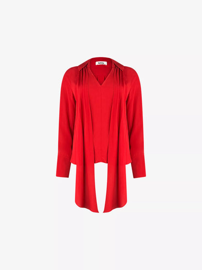 Tie-neck V-neck woven top Red