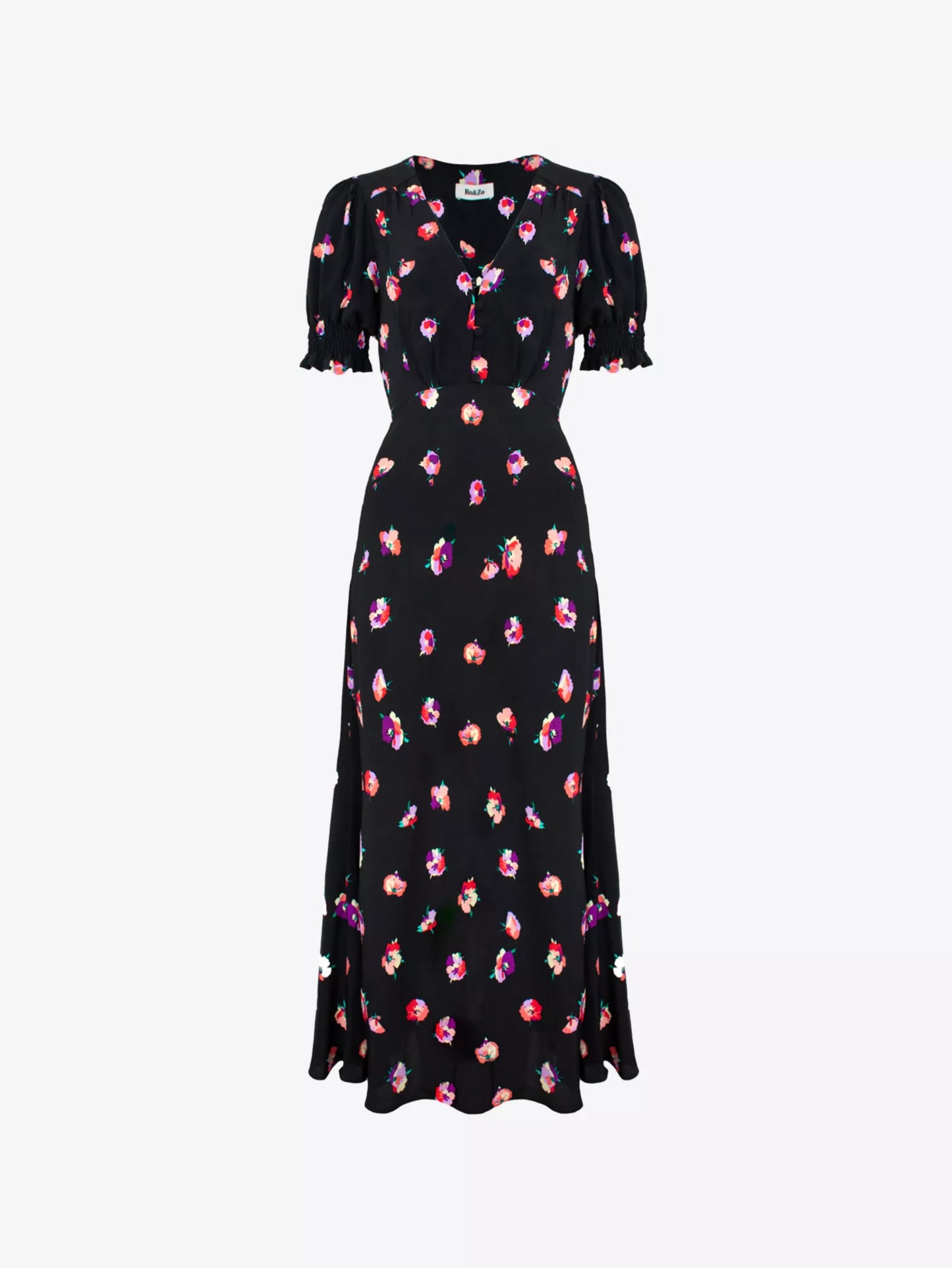 Black Pansy Print Shirred Cuff Midi Dress