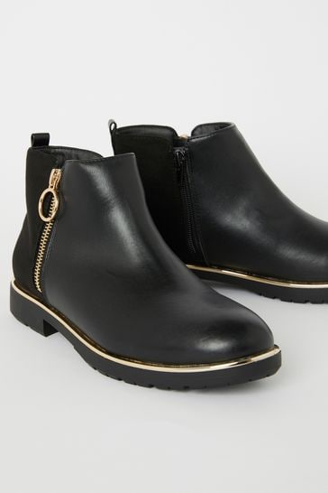 Zip Flat Ankle Boot - Leather Look
