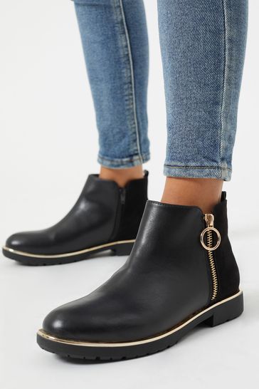 Zip Flat Ankle Boot - Leather Look