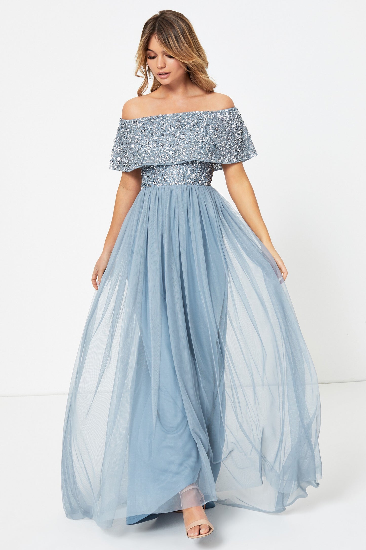 Embellished Bardot Maxi Dress Blue