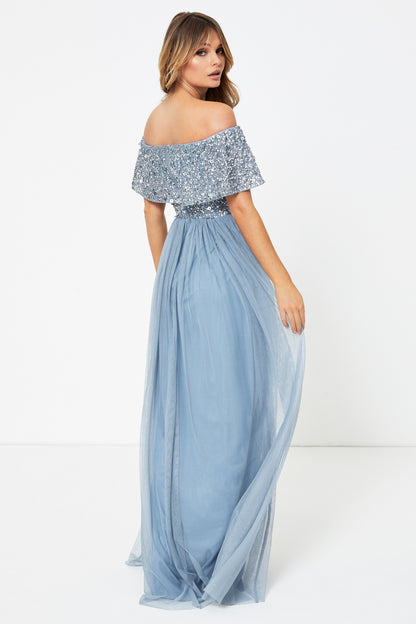 Embellished Bardot Maxi Dress Blue