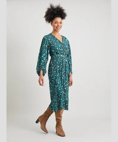 Teal Leopard Print Wrap Midi Dress