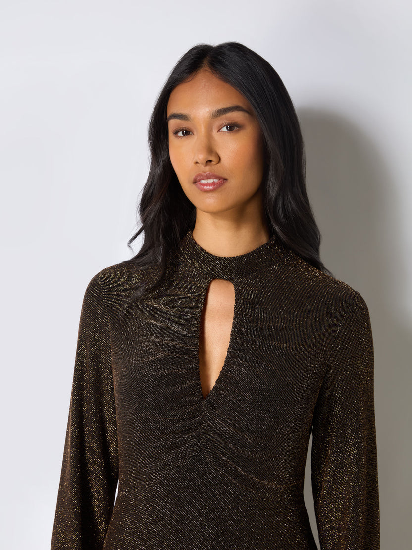Gold Sparkle Jersey Keyhole Front Dress