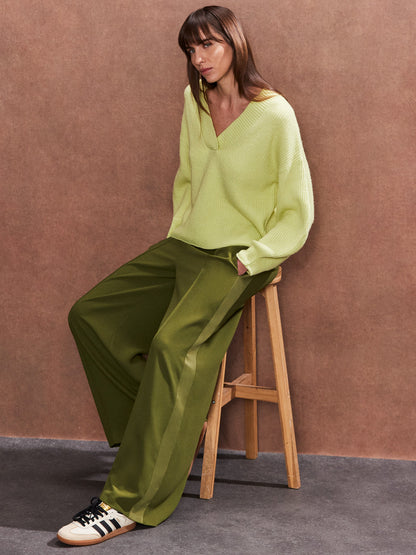 Side Stripe Satin Trousers, Olive