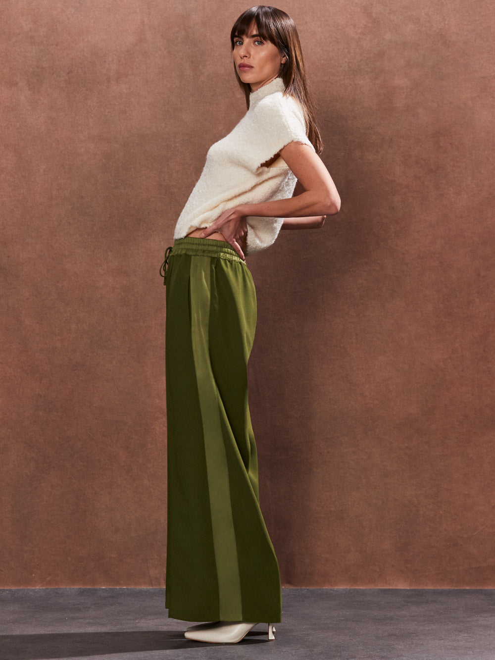 Side Stripe Satin Trousers, Olive