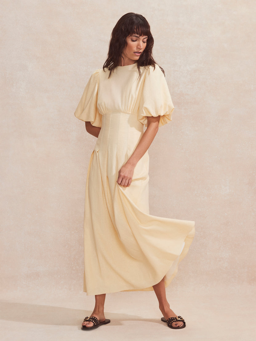Buttermilk Pleat Detail Linen Blend Dress