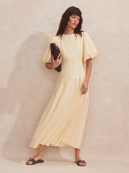 Buttermilk Pleat Detail Linen Blend Dress