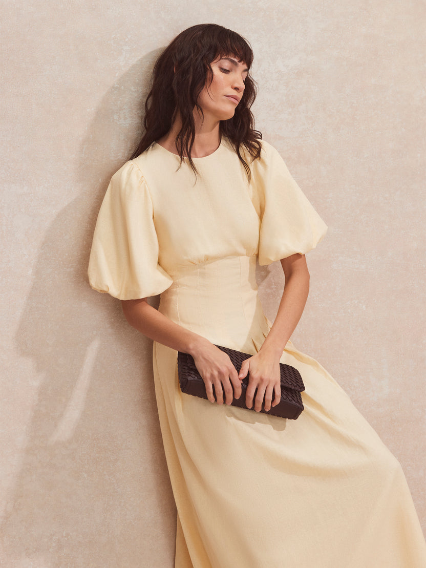 Buttermilk Pleat Detail Linen Blend Dress