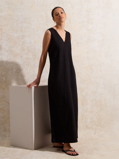 black linen-blend V Neck Dress