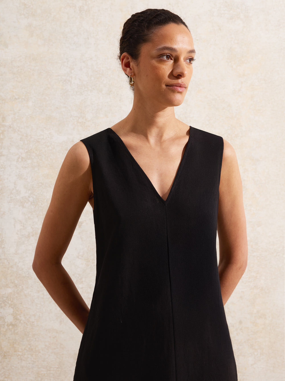 black linen-blend V Neck Dress
