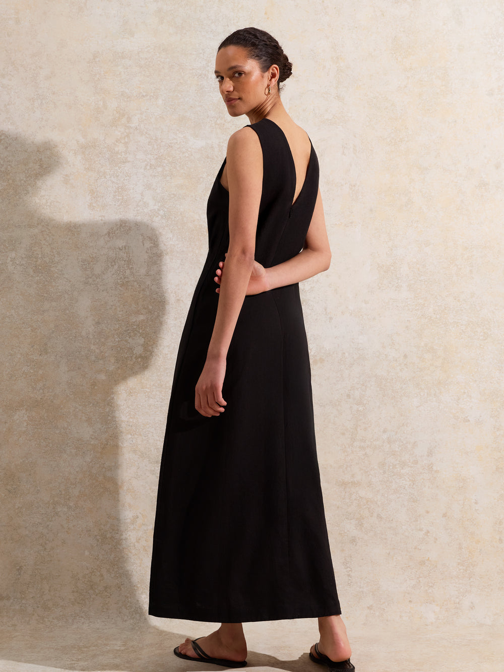 black linen-blend V Neck Dress